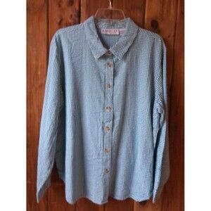 Bedford Fair Top 1X Blue White Check Long Sleeve Button Front Collar Cotton